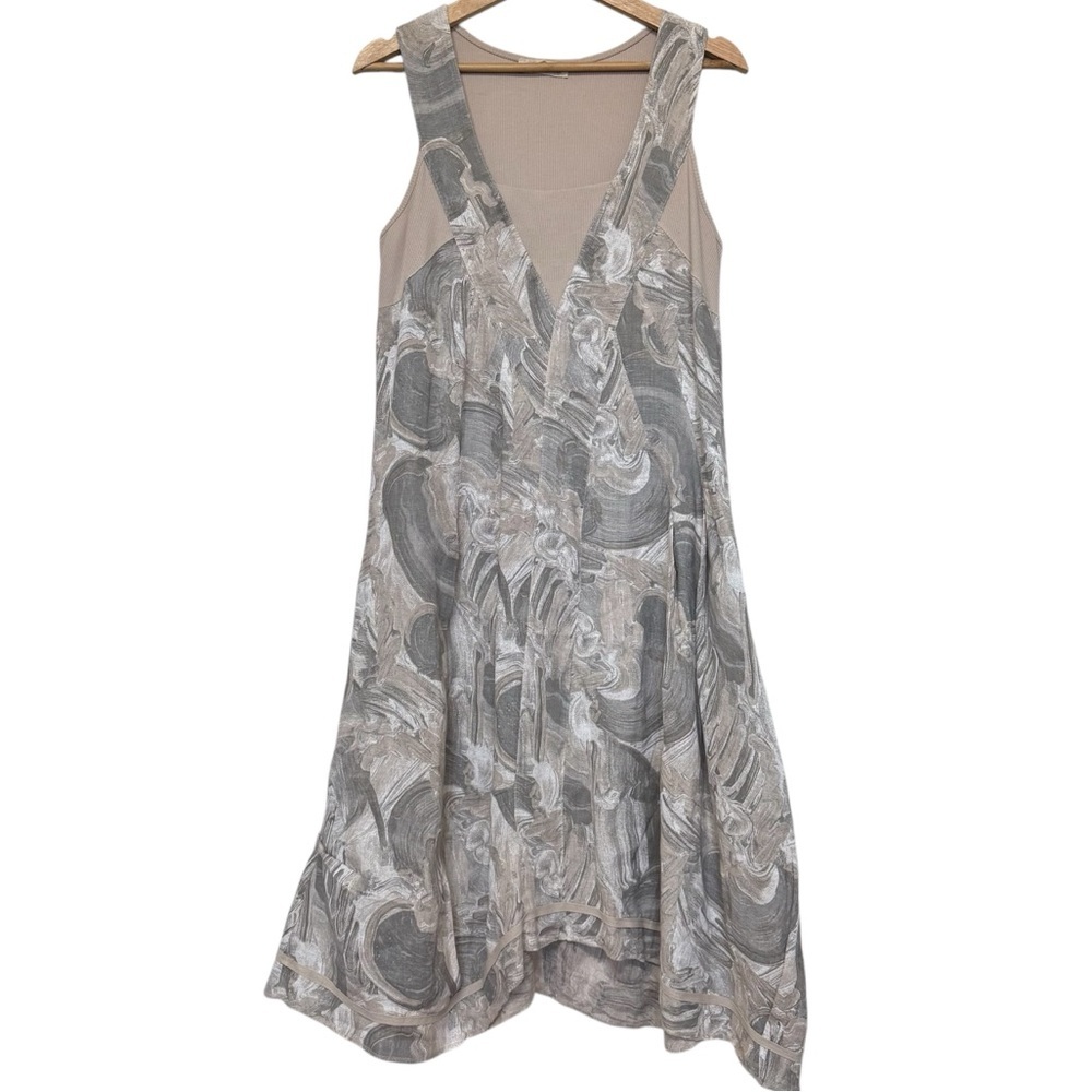 Lands Downunder 100% Linen Cream Printed Dress Womens Size L Relaxed Lagenlook